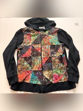 Chico’s Y2K Patchwork Beaded Zip Hoodie Women’s Size 1 Boho Wearable Art Jacket